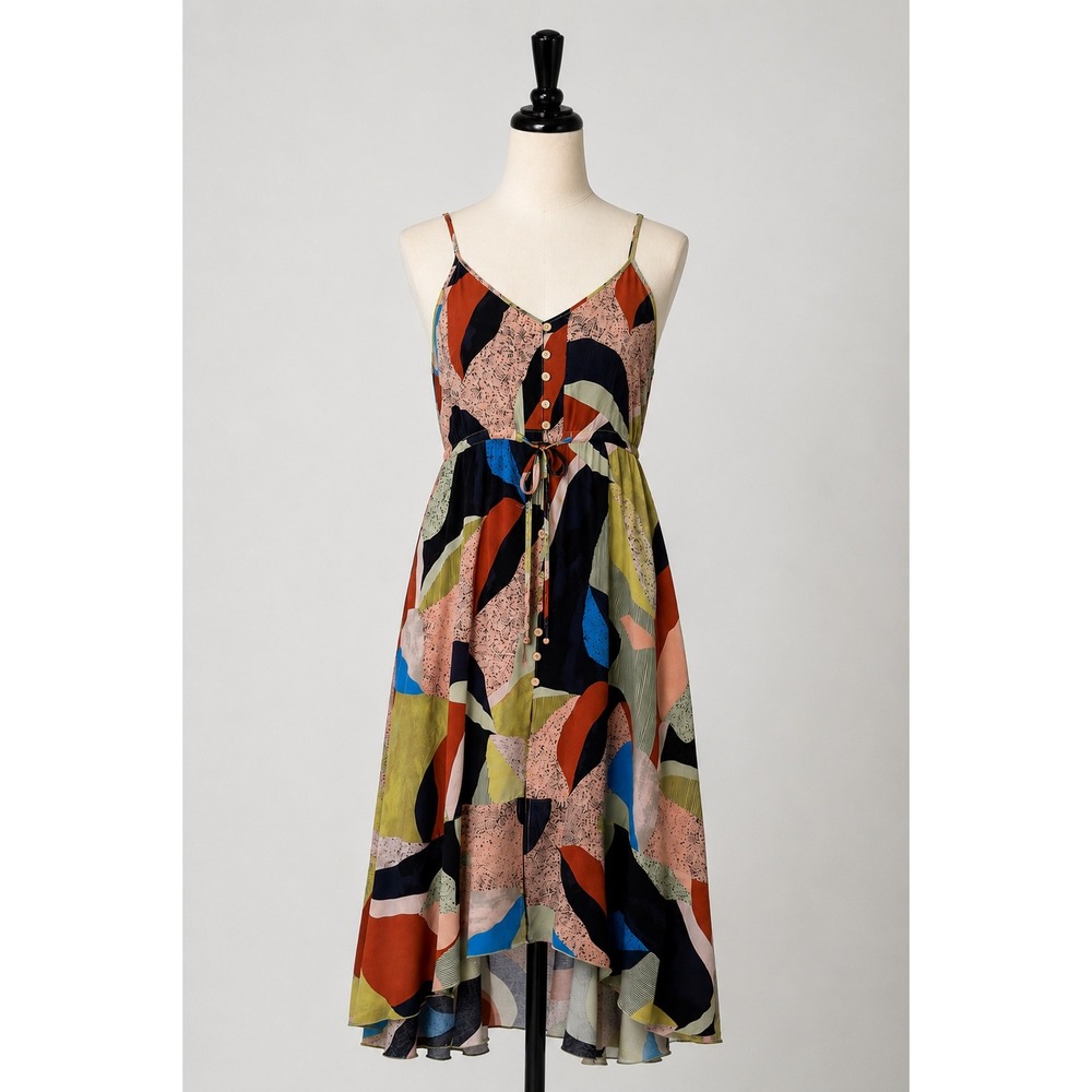 BROVAVE Women's Abstract Print High-Low Midi Dress Multicolor Button Front Size